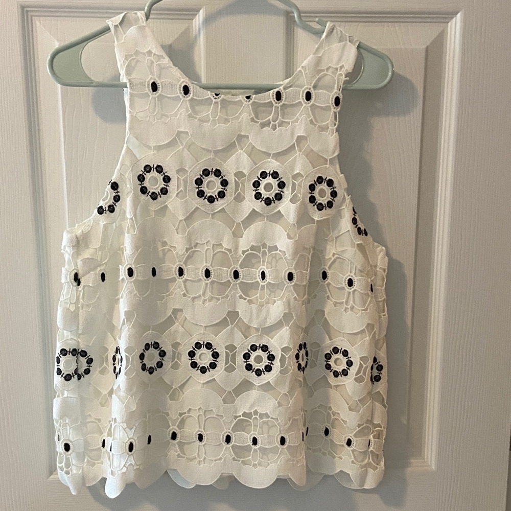 Anthropologie HD in Paris Ivory Top with Black Lace Detail